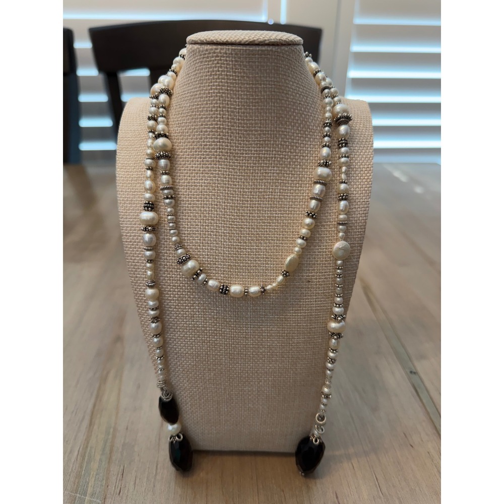 Boho Whimsygoth Lariat Necklace Women OS White Freshwater Pearl Black Teardrop